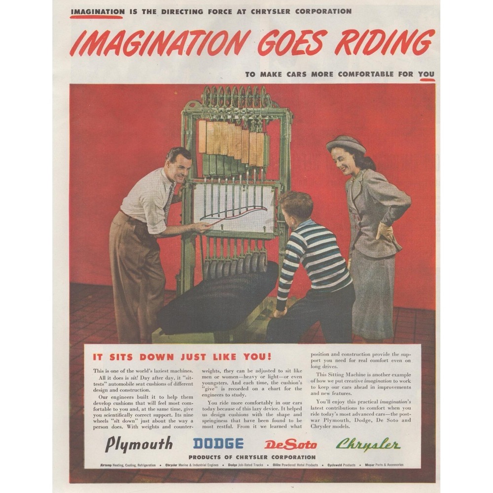 Vintage 1947 Chrysler Print Ad Sitting Machine Plymouth Dodge DeSoto Auto